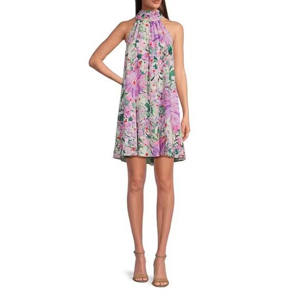 Badgley Mischka Elise Georgette Floral Turtleneck Trapeze Mini Dress Size 4 - Picture 1 of 5